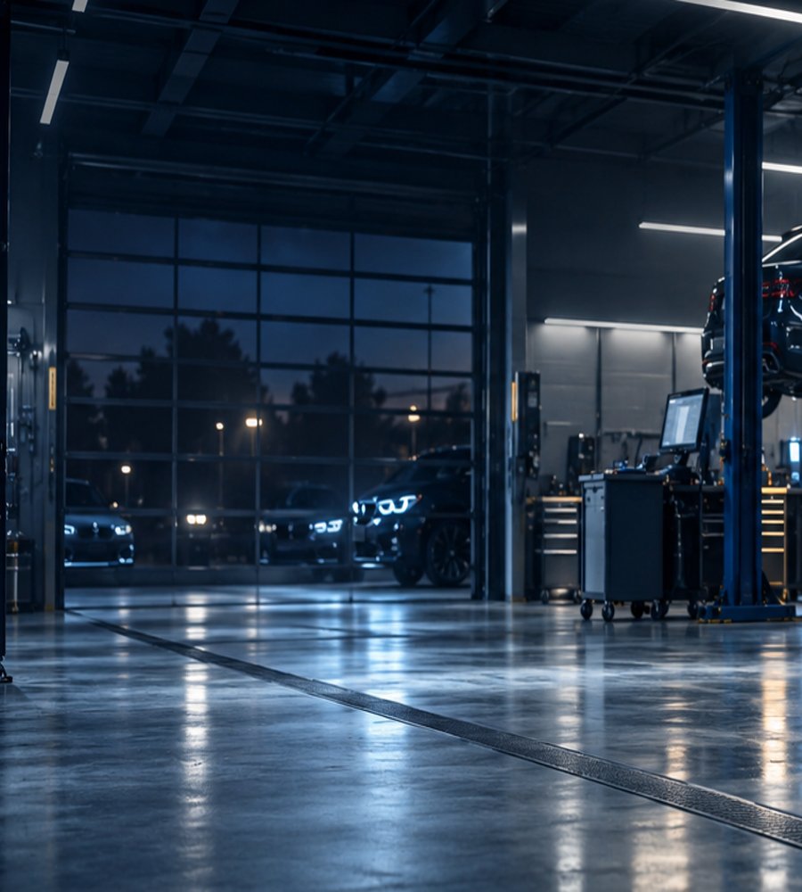 Professional car garage with workshop equipment