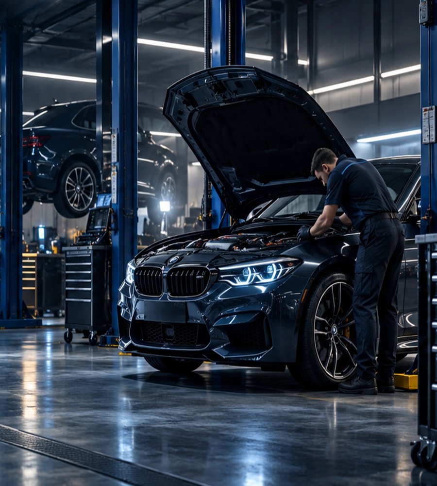 Mechanic carrying out maintenance in a modern car workshop